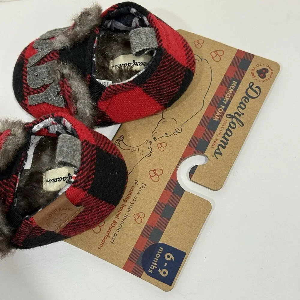 Dearfoams Unisex Kids' Slippers Baby Size 6/9 Months, Red Black Plaid NEW